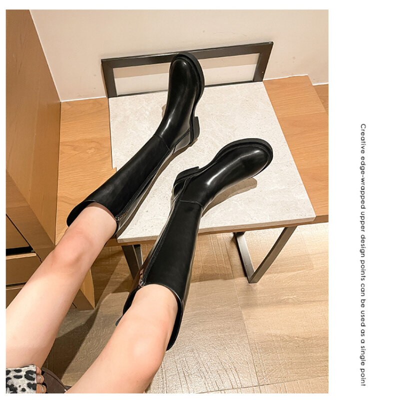 อย่างไรก็ตามเข่าสูงรองเท้าผู้หญิง2022ฤดูหนาวใหม่หนาหนาด้านล่าง Oblique ปากรองเท้า Knight บางรถจักรย...