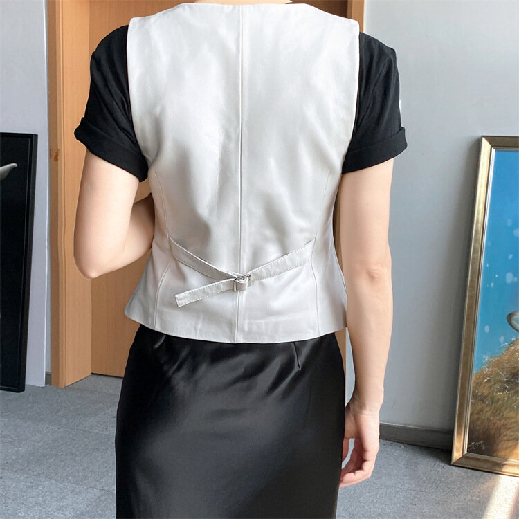 2023 New Style Women's Fashion Single Breasted Genuine Sheepskin Leather  Vest