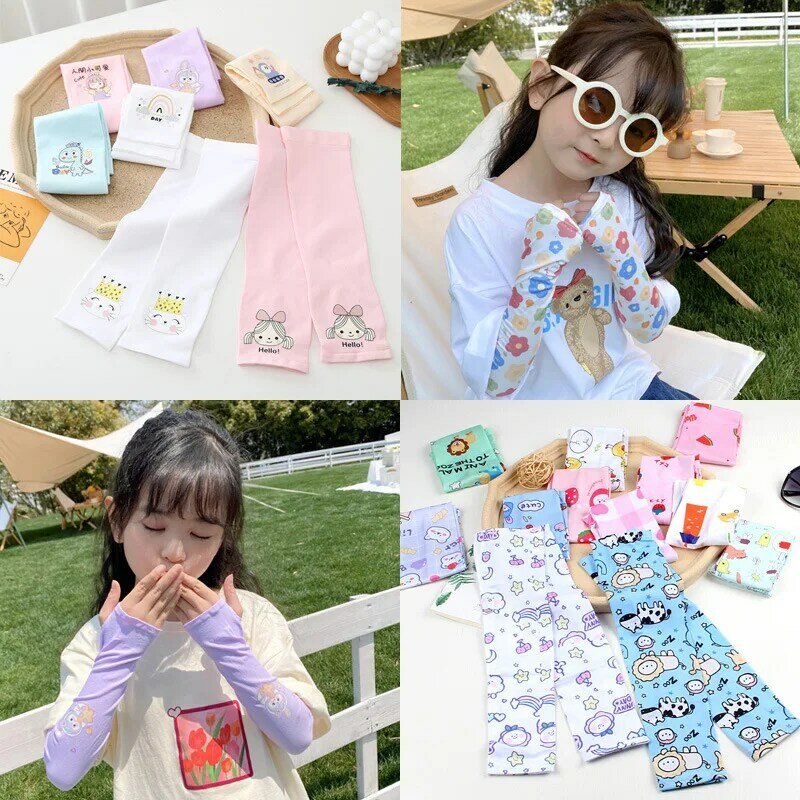 Children Ice Sleeves For Summer Kids Long-Sleeved Arm Warmers Outdoor Sunscreen Cycling Gloves Boy Girl Print Sleeves New 2-12Y