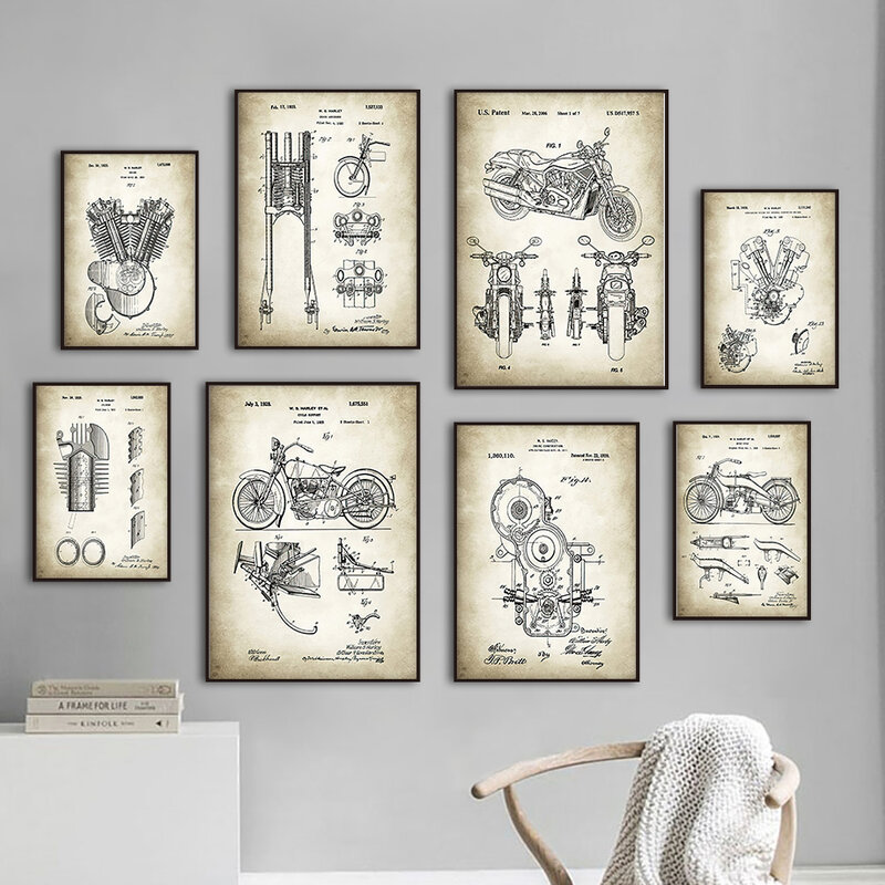 현대 빈티지 오토바이 부품 엔진 견적 월 아트 캔버스 회화 포스터, 프린트 벽 장식, 거실 장식