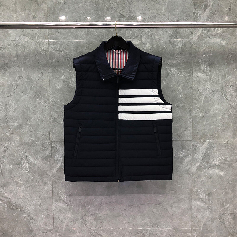 TB THOM Men's Lightweight Water-Resistant Packable Puffer Vest Fashion Brand  Matte Cotton Chest White 4-Bar Design Down Jackets