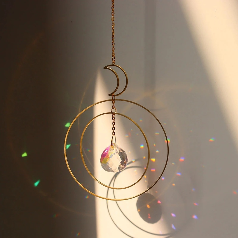 Estrela da lua de cristal sol apanhador pingente metal sinos vento jardim pendurado janela decoração da sala casa parede do carro pingente chaser prisma
