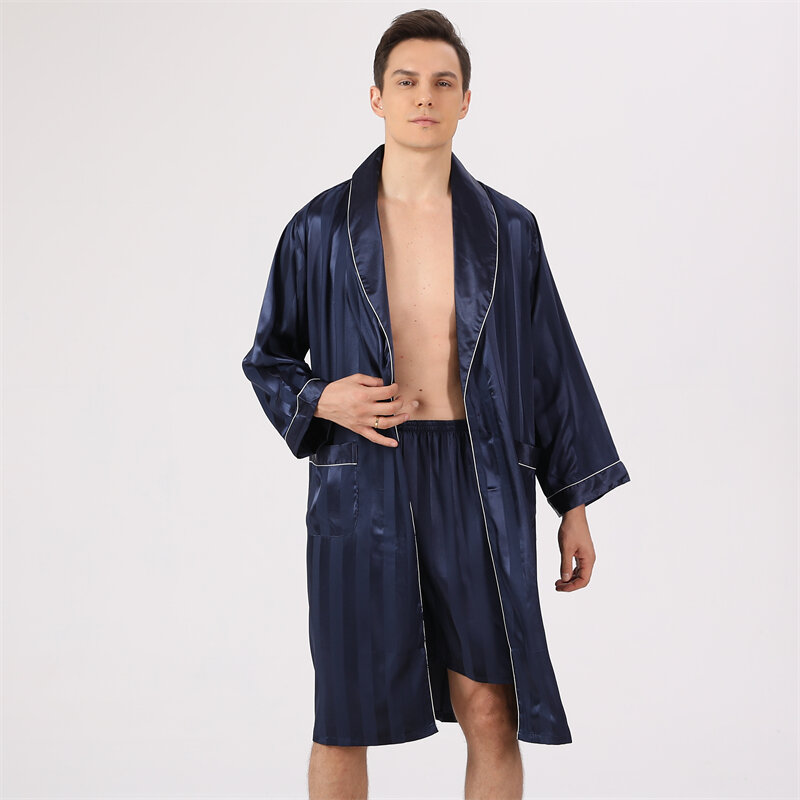 Jubah Mandi Cetak + Set Celana Pendek 7XL Set Piyama Sutra Imitasi Rumah Pakaian Tidur Sauna Hotel Lengan Panjang untuk Pria Gaun Mandi Kimono Lembut Nyaman