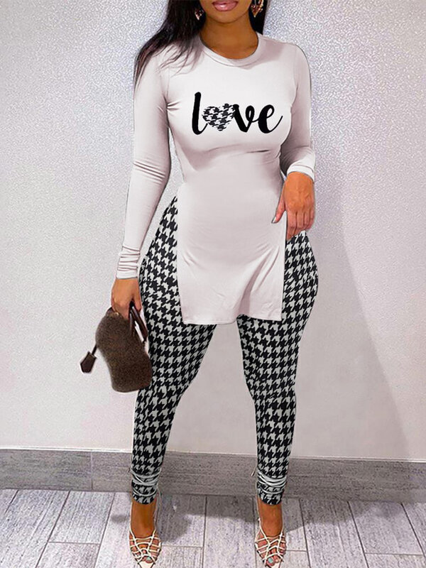 2022 New Set Of Two Fashion Pieces For Women Long Sleeve Slit Letter Print Top & Skinny Pants Set Daily Tracksuit