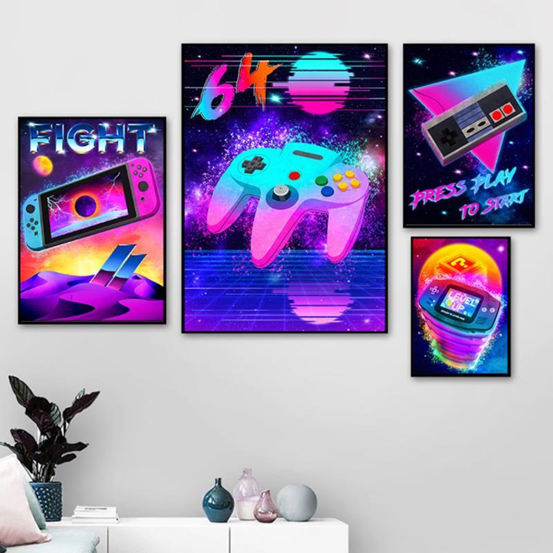 Игровой неоновый постер в стиле ретро, геймпад, Картина на холсте, настенные художественные принты, подарок для геймера