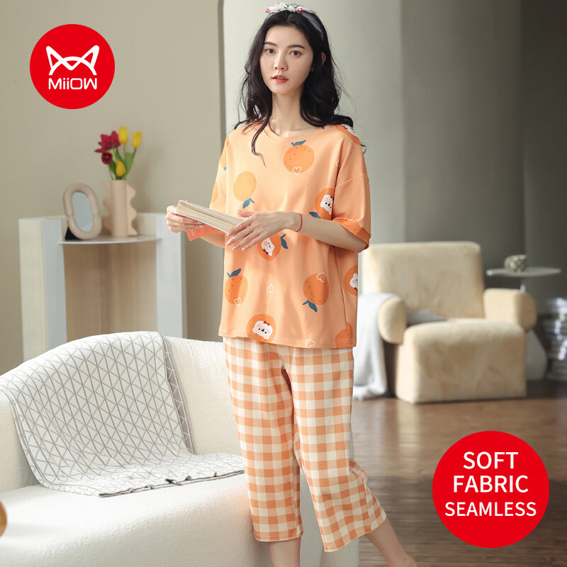 MiiOW-ropa de dormir naranja con dibujos animados de frutas, pijama de algodón de manga corta, pantalones cortos, traje de casa para mujer