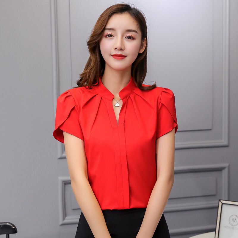 Koreański Moda damska koszule kobieta szyfonowa koszula z krótkim rękawem elegancka pani urząd V Neck biała bluzka koszule Blusas Mujer De Moda