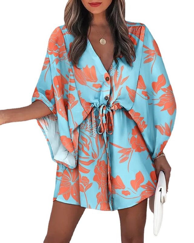 Fashion Batwing Sleeve Print Lace Up Mini Dress For Women Sexy V-neck Casual Loose Boho Holiday Short Dresses Woman 2022 Summer