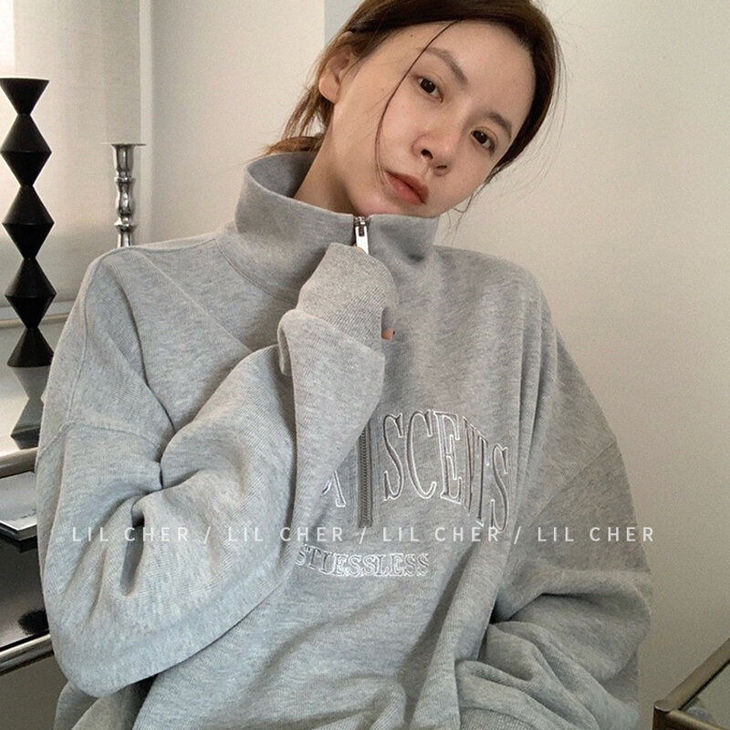 Vrouwen Hoodies Harajuku Koreaanse Brief Polo Kraag Losse Oversized Sweatshirts Casual Solid Lange Mouwen Zip Up Y2k Sweatshirt Tops