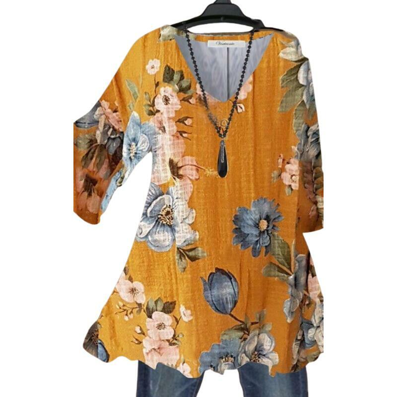 Pakaian wanita musim panas 2023 atasan S-5XL kaus wanita motif bunga longgar kasual blus y2K kerah V baru modis