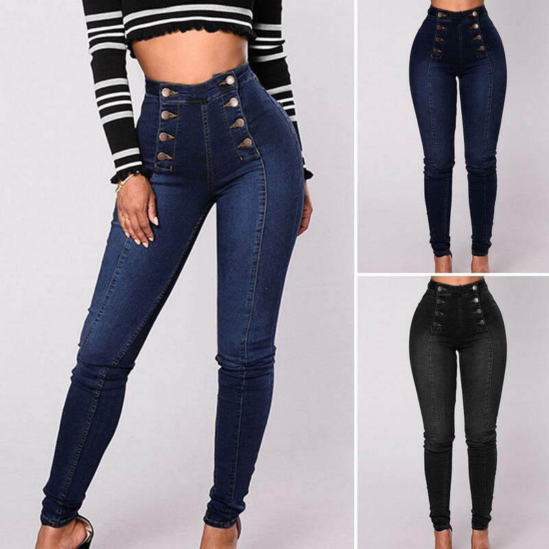 Bodycon Jeans lekkie dżinsy rurki odporne na kurczenie kieszenie eleganckie modne obcisłe dwurzędowe dżinsy rurki