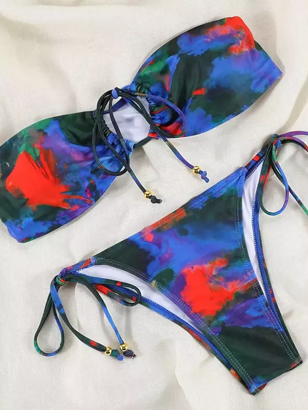 2022 Sexy Bikinis Bandeau Swimwear Women Swimsuit Bikini Set Patchwork Print Beachwear Bandage Bathing Suits Micro Thong Biquini