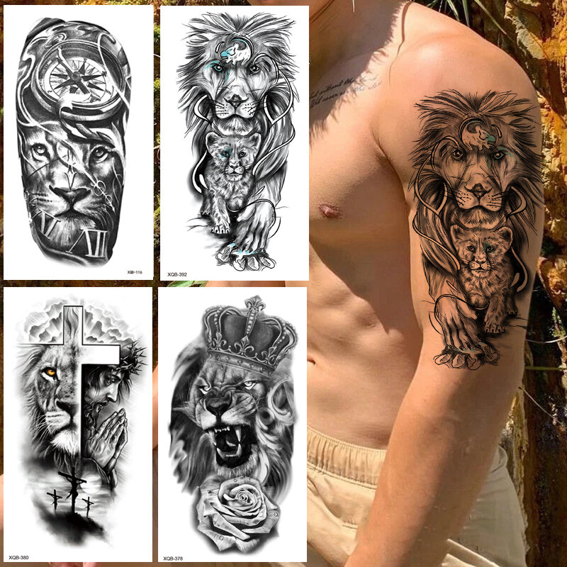 Lion King Tattoos Kreuz Uhr Wasserdicht Temporäre Tätowierung Aufkleber Körper Kunst Dominierenden Tier Vollen Arm Gefälschte Tatoo für Männer XQB
