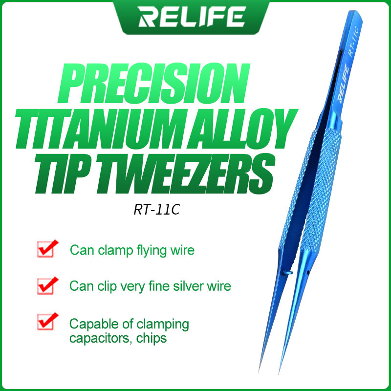 RELIFE RT-11C RT-15C Titanium Alloy ความแม่นยำบินแหนบสำหรับซ่อมโทรศัพท์มือถือเมนบอร์ด BGA ลายนิ้วมือสีน้ำเงินแหนบ