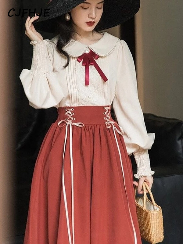 Winter Vintage Two Piece Set Women Lace Patchwork Elegant Party Skirt Suits Female Sweet Korean Bow Ribbon Designer Set 2022