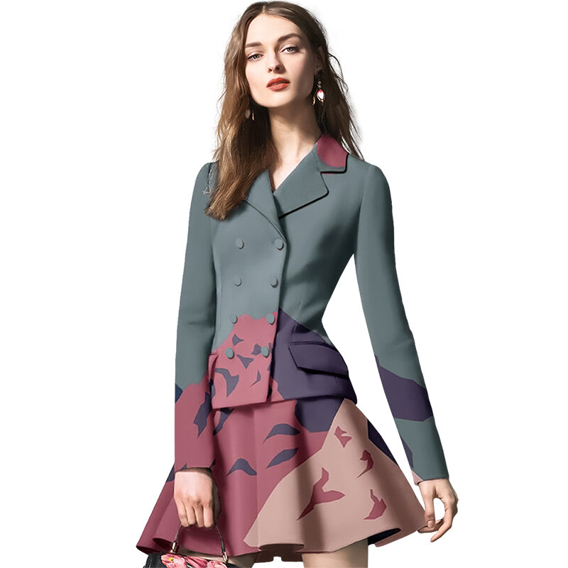 European and American fashion light familiar style suit with skirt suit female spring 2022 new print two-piece suit