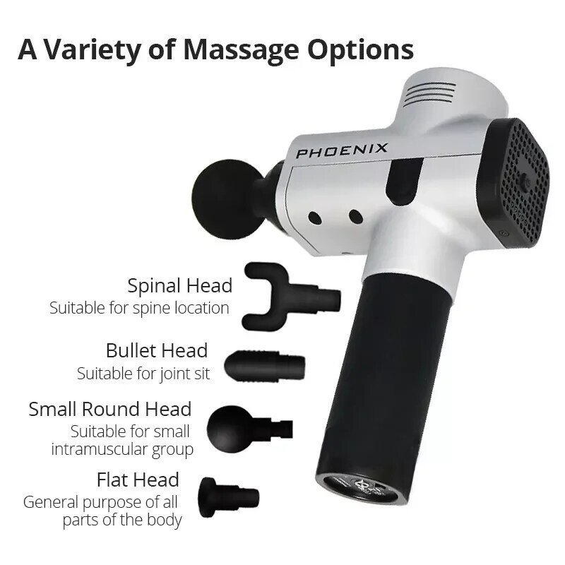 Phoenix a2 massagem arma vibratória profissional massageador elétrico cuidados de saúde do corpo muscular alívio da dor terapia de baixo nível de ruído 4 cabeças