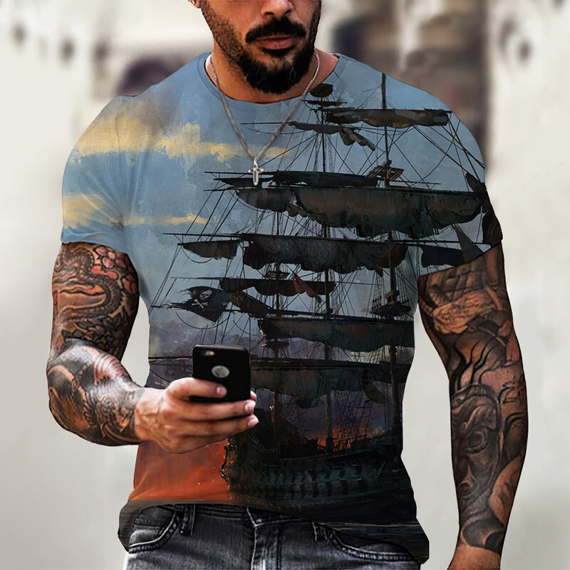 T-Shirt Vintage da uomo con stampa 3D T-Shirt a maniche corte girocollo con stampa pirata per uomo T-Shirt oversize con top Homme Camiseta