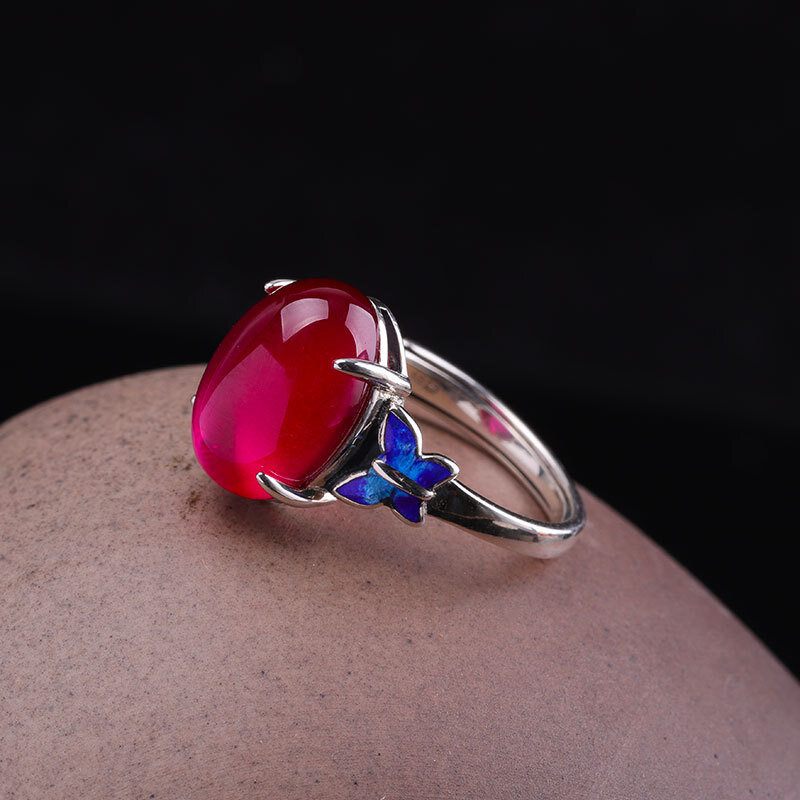 2022 Emaille Real Korund Rings S925 Zilver Cloisonne Etnische Indiase Vintage Open Rode Engagement Oma Gift Ring Fijne Sieraden