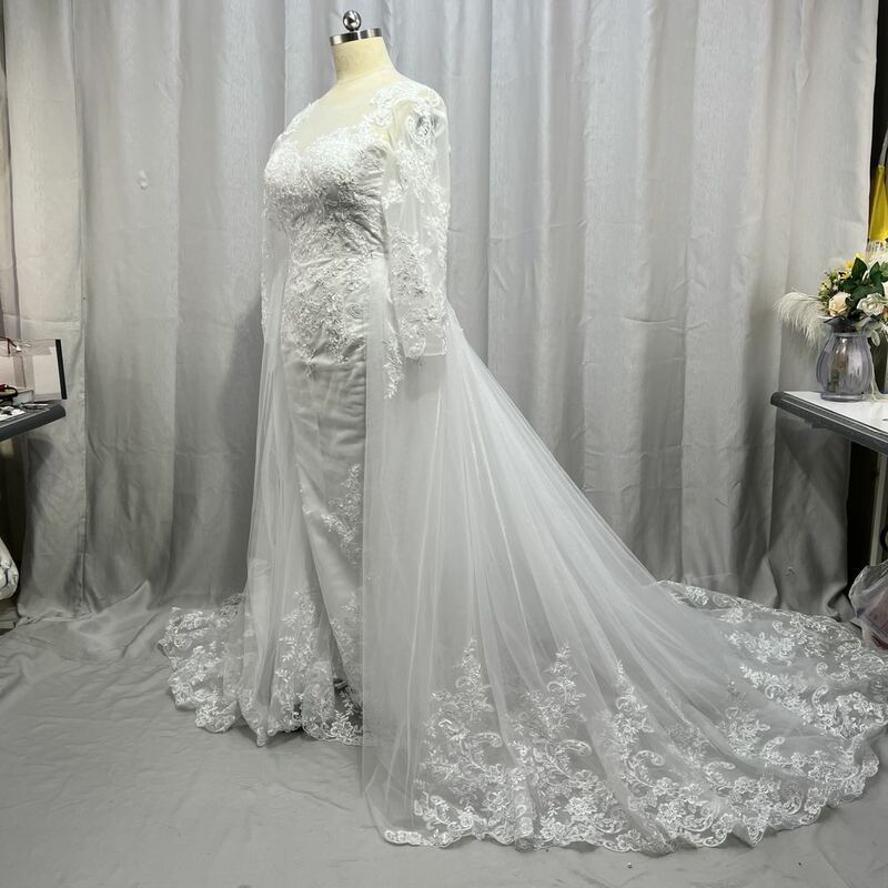 Роскошное кружевное свадебное платье MYYBLE 2022 с длинным рукавом и юбкой-годе со съемной юбкой и открытой спиной со шлейфом для свадьбы в саудо...