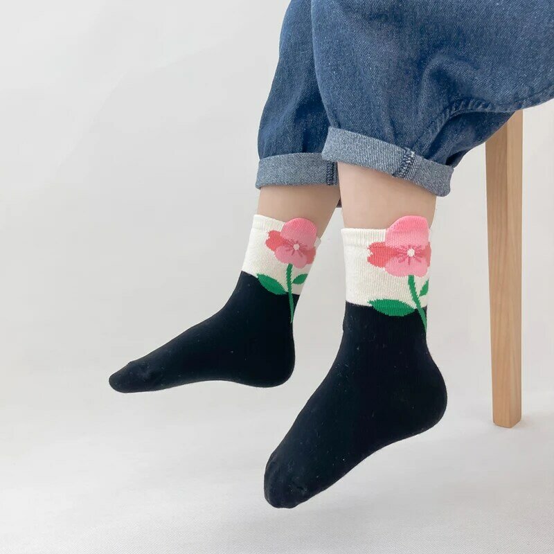 3 Pair/lot Children Socks for Boys Girls Japan Korean Pure Cotton Flower Candy Color Kawaii Mid Tube Socks Breathable Baby Socks