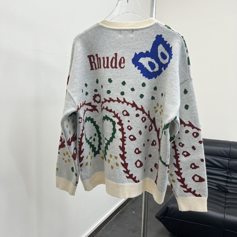 Rhude-suéteres de cuello redondo para hombre y mujer, jerseys de alta calidad con logotipo de flor de anacardo, Jacquard colorido, Retro, 22SS