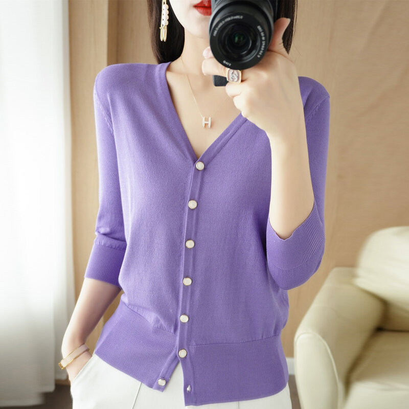 Women's 2022 Summer Lce Silk Knit Cardigan Jacket Loose Three-Quarter Sleeve V-Neck Simple High-Grade Thin Solid Color T-Shirt
