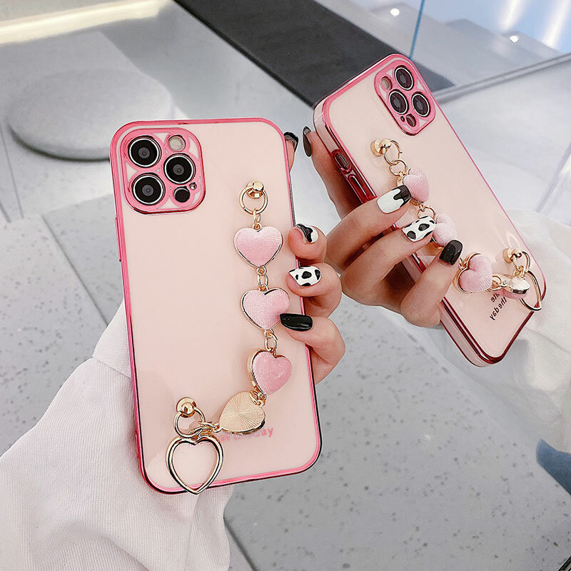 Voor Iphone 12 Case Luxe Plating Hart Pols Ketting Siliconen Case Voor IPhone13 12 11 Pro Max X Xs Xr xsmax 13Mini 7 8 Plus Cover