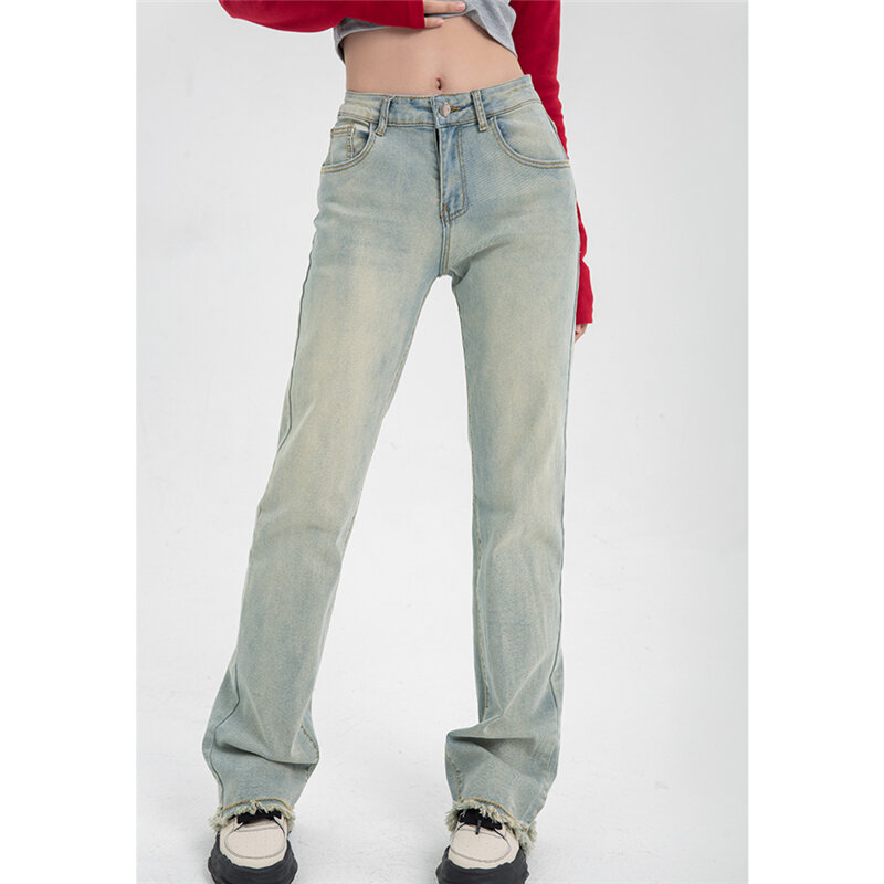 Mùa Thu Phụ Nữ Mới Đáy Vintage Xanh Nhạt Khoác Jeans Cao Cấp Thẳng Quần Ống Rộng Dạo Phố Cao Cấp Tua Rua Denim Quần