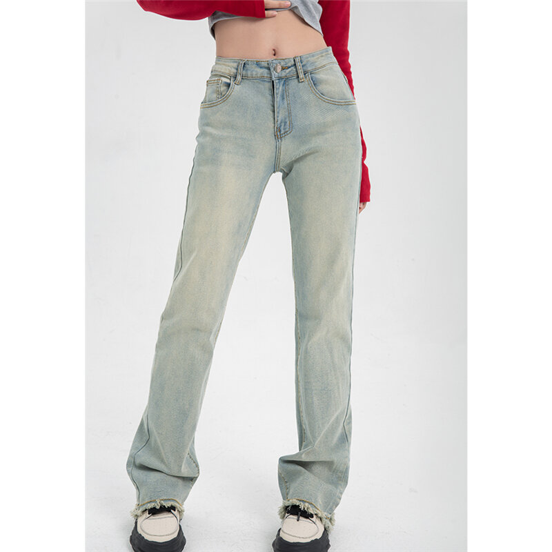 Herbst Neue Frauen Bottoms Jahrgang Licht Blau Casual Jeans Hohe Taille Gerade Breite Bein Hosen High Street Quaste Denim Hosen