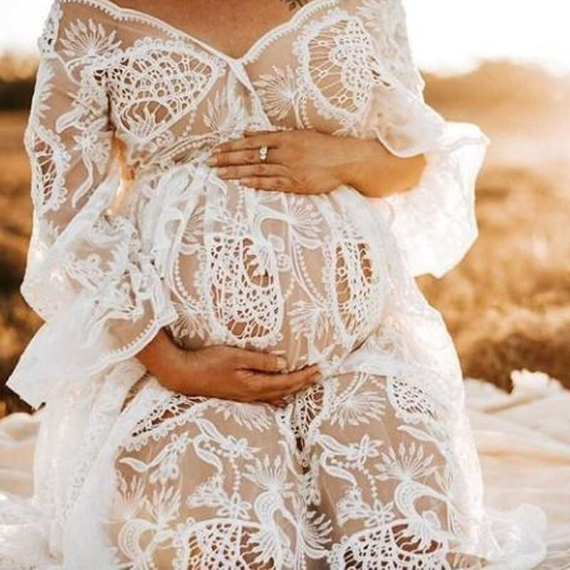 Maternidade fotografia adereços boho vestido grávida rendas plissado mangas vestido gravidez vestido longo adereços para sessão de fotos