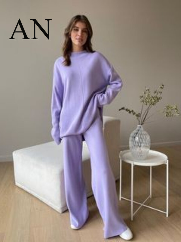Suéter suelto de manga larga para mujer, Conjunto de jersey y pantalones de punto, informal, de Color sólido, otoño e invierno, 2022