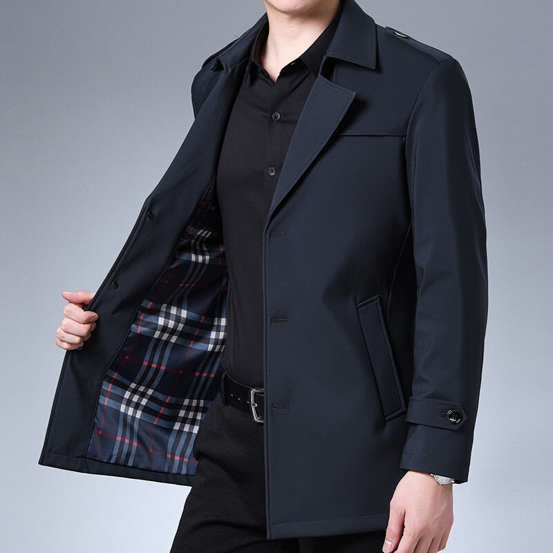 Moda masculina casacos de lã cor sólida único breasted lapela casaco longo casaco casaco casual trench primavera e outono