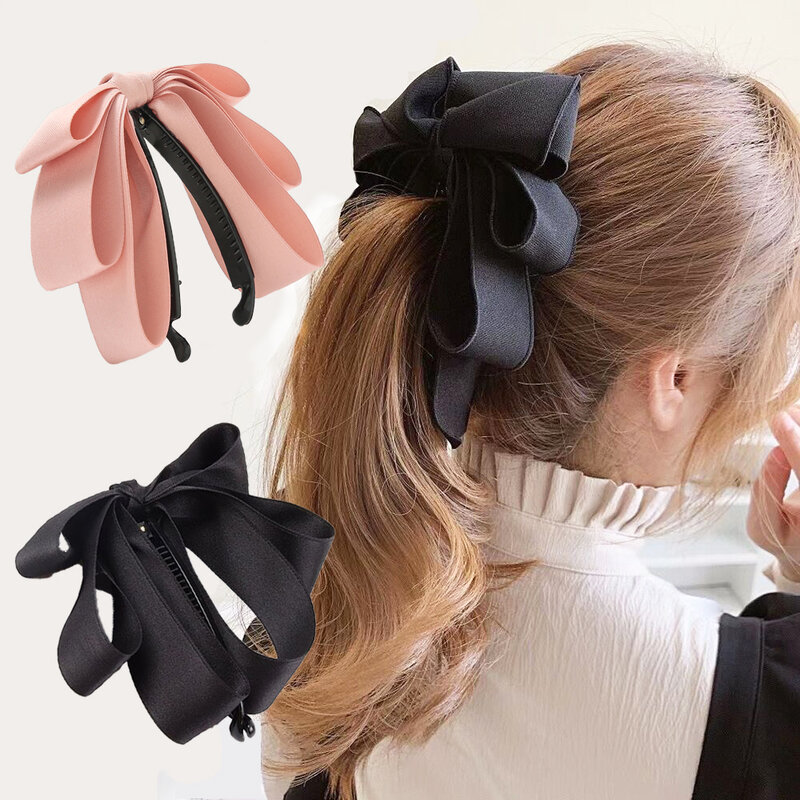 2022 Korea Three Layer Bow Banana Clip Ponytail Clip New Fashion Solid Vertical Clip Hair Claw Summer Vintage Hair Accessories