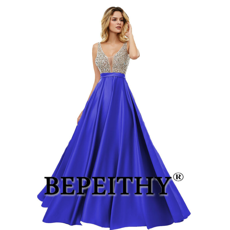 BEPEITHY V-ausschnitt Perlen Mieder Open Back Luxus Abendkleider Für Frauen 2023 EINE Linie Elegante Schnelle Verschiffen Satin Prom Kleid