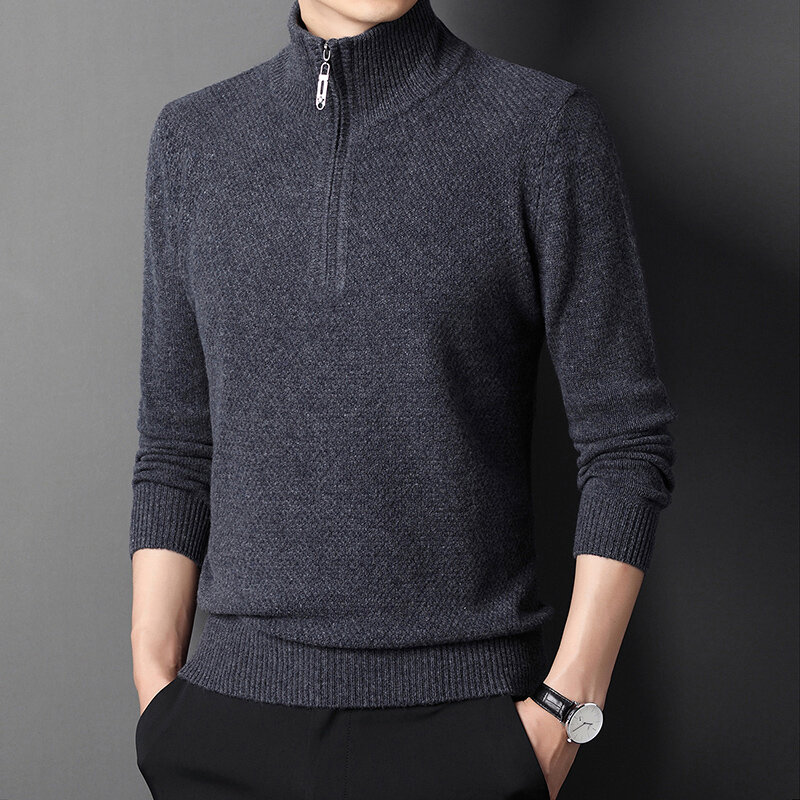 Chun Zhu-suéter de cuello semialto con cremallera para hombre, jersey de lana gruesa de punto, Coreano
