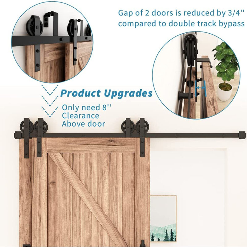 4-16ft estilo antigo bypass deslizante madeira celeiro porta de ferragem kit preto superior montado armário corrediças faixas rolos para porta dupla