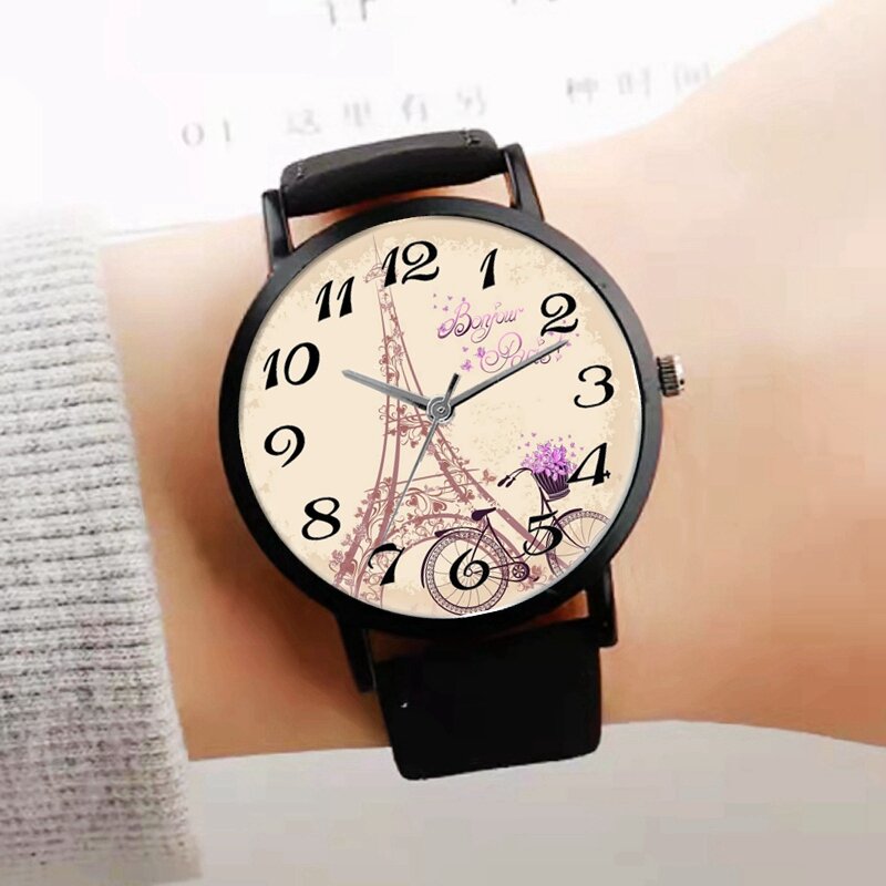 New Eiffel Tower Women's Watch Stylish Black Leather Quartz Wristwatches Student Gift