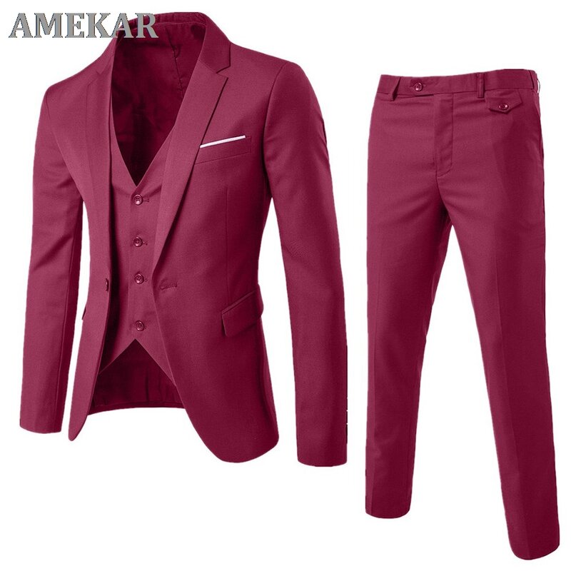 Three - Piece Plaid Male Business Suit Formal 2022 for Men 's Fashion Wedding Dress Suit ( Jacket + Vest + Pants )