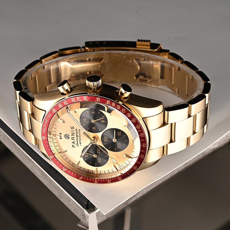 Nova chegada parnis 40mm ouro quartzo cronógrafo relógio masculino aço inoxidável à prova dwaterproof água esportes relógios reloj hombre presente relógio