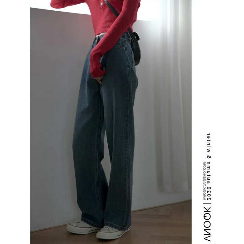 Versi 2022 Jeans Lurus Wanita Pinggang Tinggi Longgar Katun Dicuci Kasual Lebar Kaki Celana Baggy Celana Streetwear Wanita Kantor