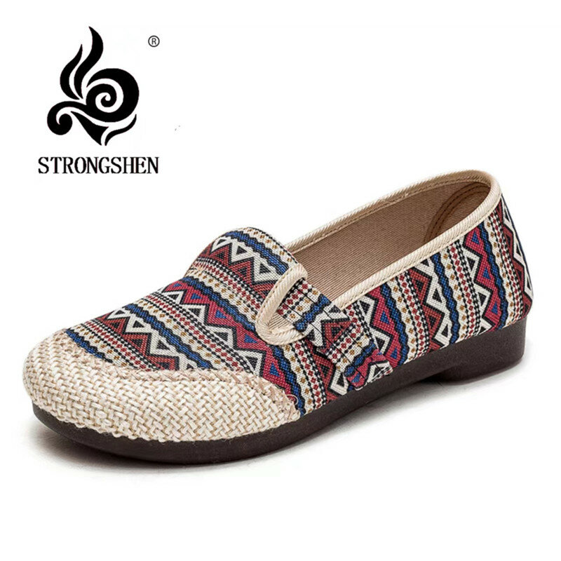 STRONGSHEN Women's Cloth Shoes Lazy Slip-On Linen Retro Ethnic Style Women's Shoes Color Matching Flat Loafers
