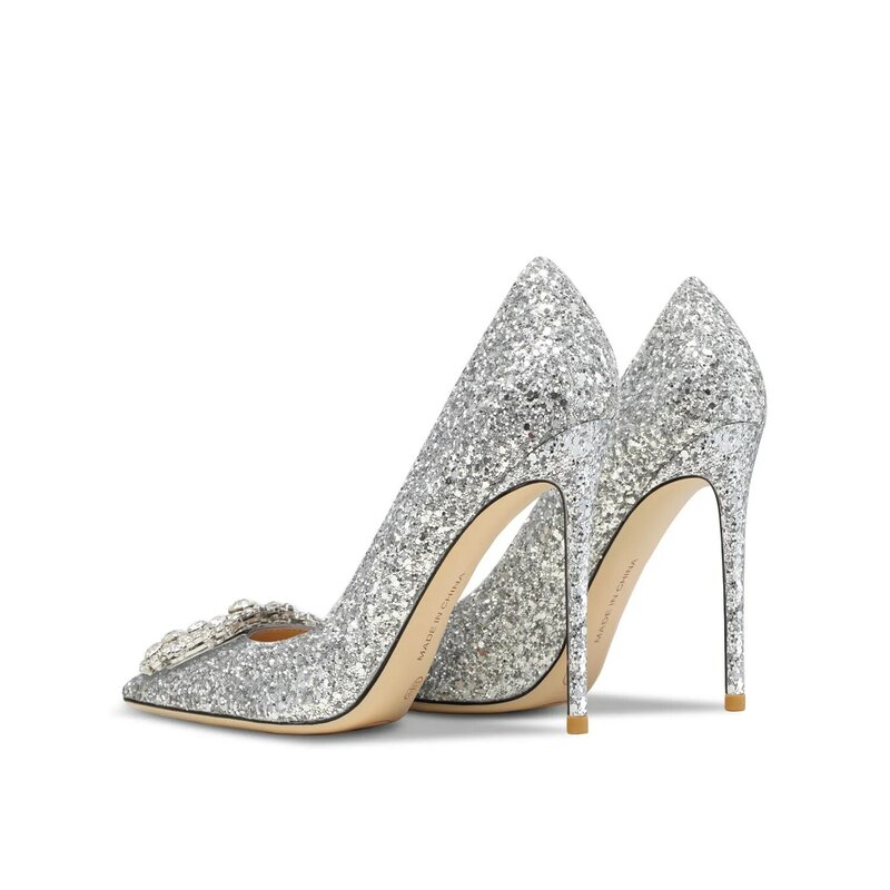Zapatos de tacón con hebilla cuadrada plateada para mujer, zapatos de boda puntiagudos con lentejuelas de cristal y diamantes de imitación, 2022