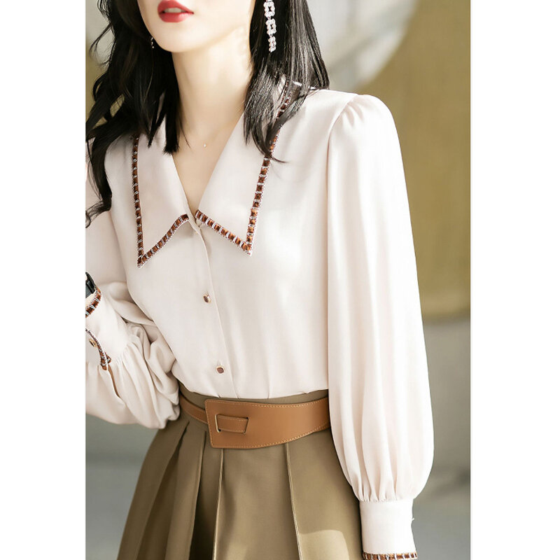 Elegante simples chique escritório senhoras chiffon botão para baixo camisa 2022 outono moda manga longa blusa casual feminino solto topo blusas