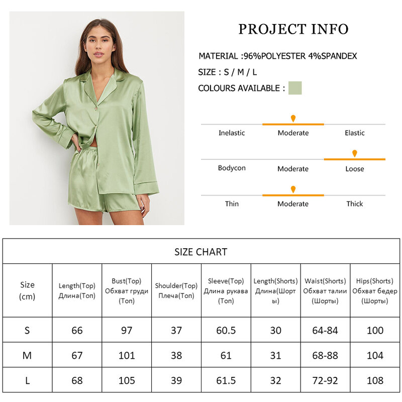 Hiloc verde mangas compridas ternos com shorts 2022 cetim pijamas moda feminina conjunto de pijama mulher 2 peças casa terno feminino conjunto