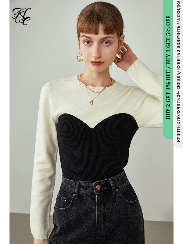FSLE 2021 Sweter untuk Wanita Sweter Palsu Dua Potong Pullover Jahitan Temperamen Wanita Atasan Lengan Panjang Slim-Fit