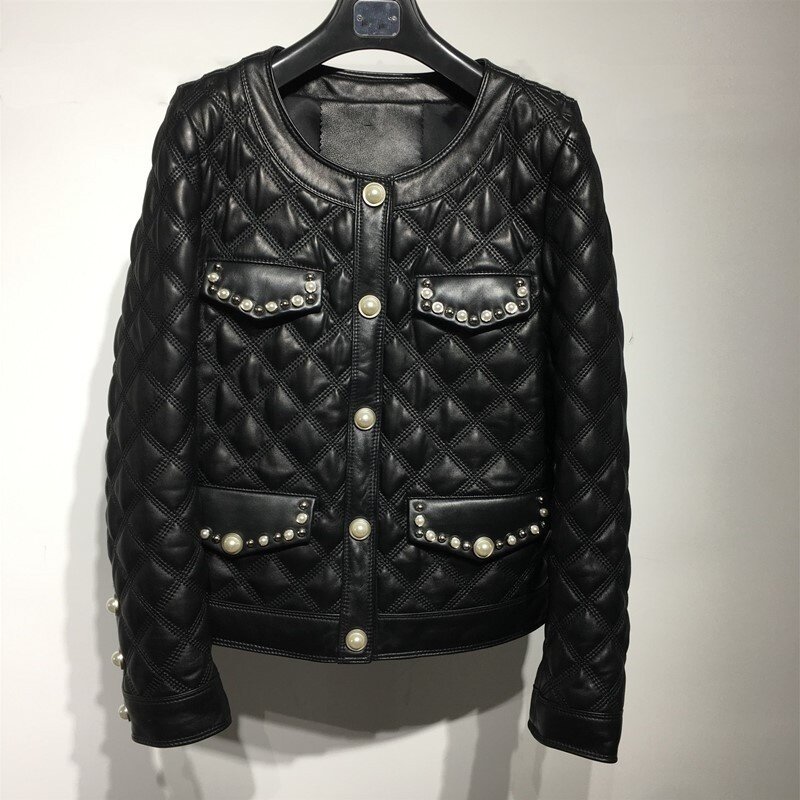 Female lambskin coat, elegant jacket with round collar with pearls and rivets