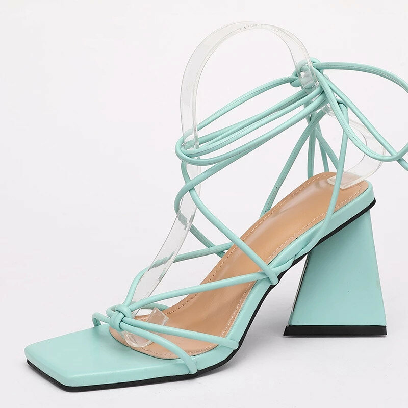 WEIBATE 2022 패션 솔리드 스퀘어 오픈 토 프 여름 샌들 PU 발목 크로스 묶인 중반 뒤꿈치 여성 신발 간결한 35-42 Zapatos Mujer
