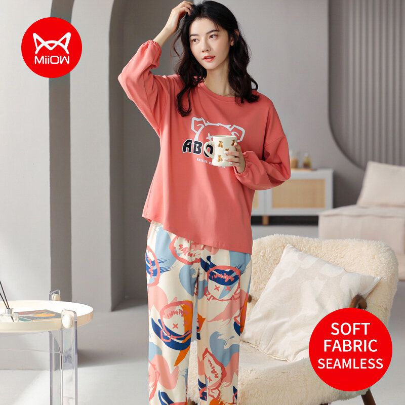 MiiOW-Conjunto de pijamas de dibujos animados para mujer, ropa de casa con pantalones de manga larga de algodón, de otoño e invierno