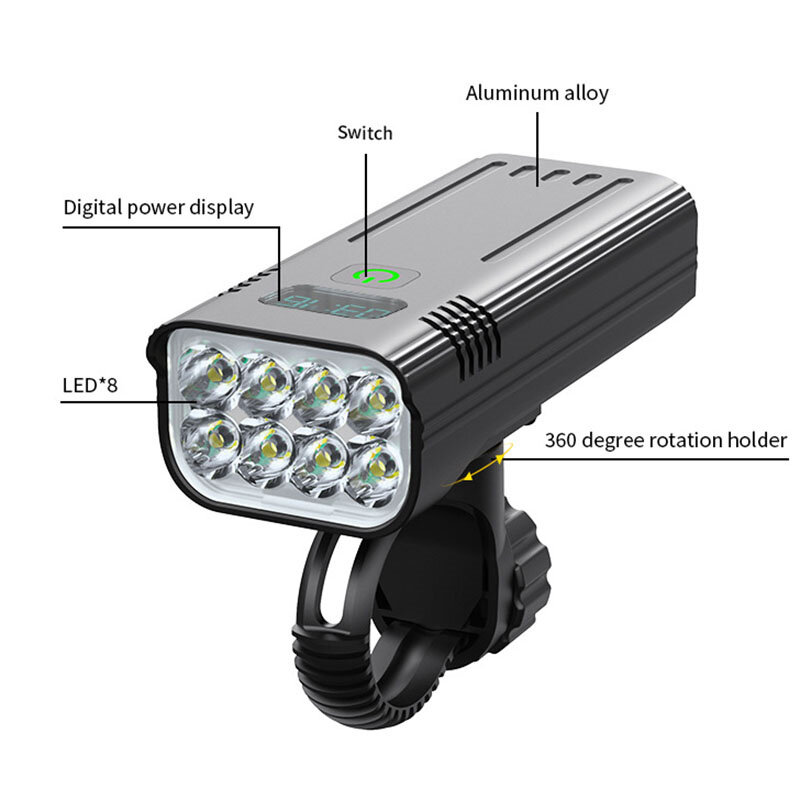 Luz Led frontal para bicicleta, linterna impermeable de 10000mAh, recargable por USB, 8 * LED